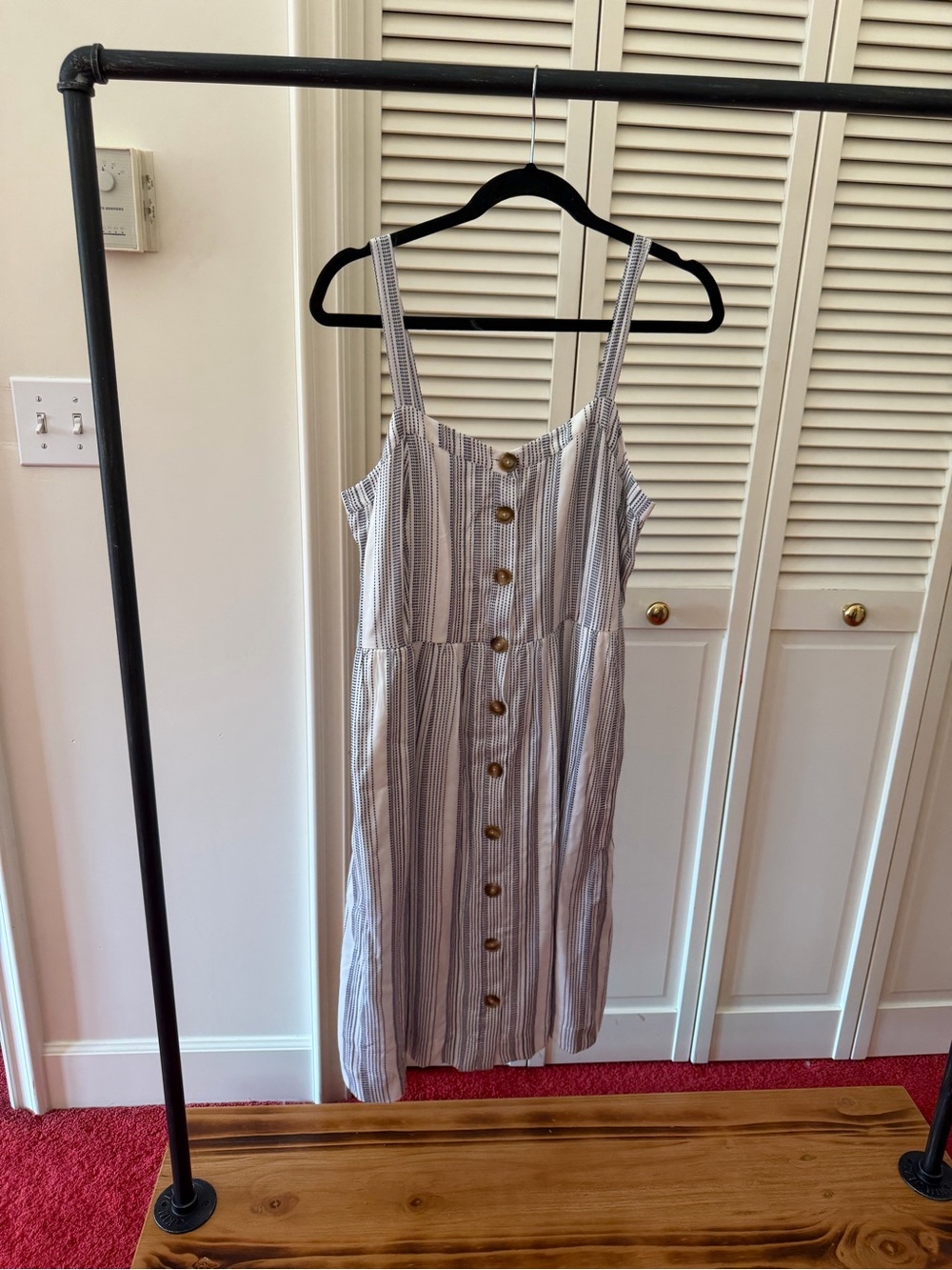 LOFT White and Navy Striped Button-Front Midi Dress